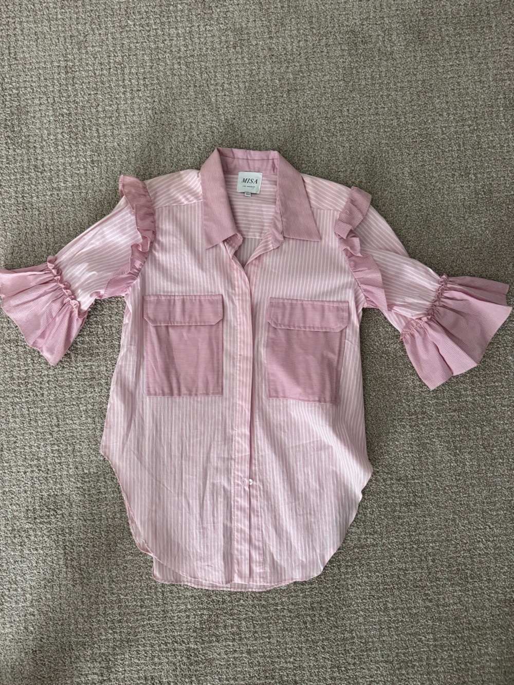 Misa Los Angeles Pink Striped Top with Ruffle Sleeves NWOT XS